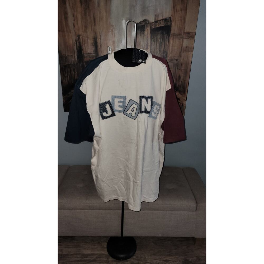Delf Color Block T-Shirt 2XL Y2K Streetwear Patchwork JEANS Graphic Cream NWT...